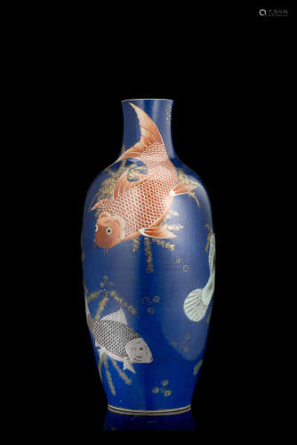 A large 'powder blue' porcelain vase, decorated with leaping carps in iron red and green