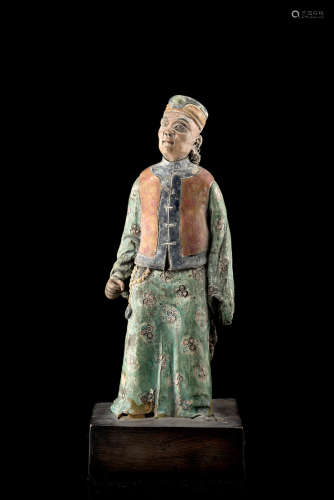 An enamelled biscuit model of an official, with wood base (with expertise) (defects)China, 18th