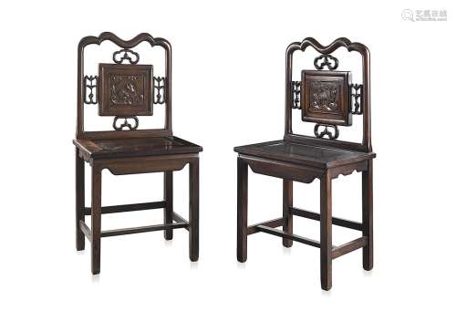 Two rosewood chairs decorated to the backs with a qilin and a craneChina, 19th century(53x102x42