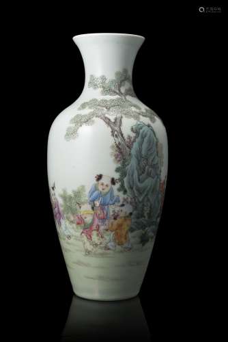A baluster vase decorated with boys in a garden scene and calligraphy, with an apocryphal Qianlong