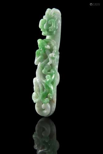 An apple-green jadeite belt hook carved with a horned dragon facing a sinuous chilongChina, 19th