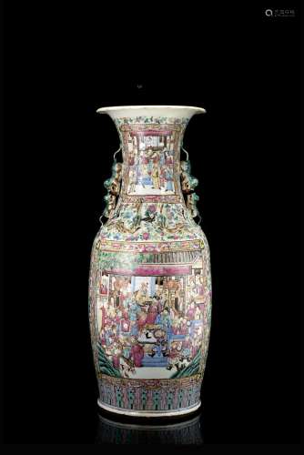 A large Cantonese Famille Rose porcelain vase with chilongs applied to the neck, decorated with