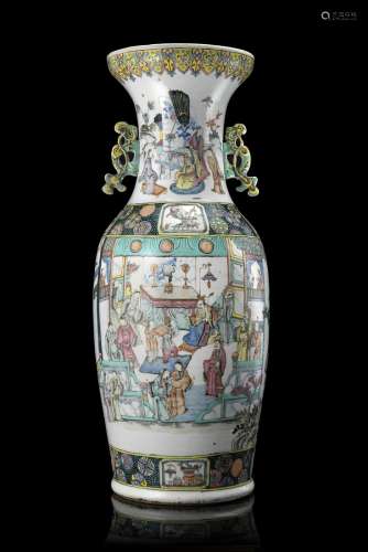 A Famille Rose baluster vase with twin handles, decorated with interior scenesChina, 19th century(h.