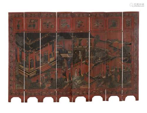 An eight-fold screen with painted decoration on a cinnabar lacquer ground (defects)China, second