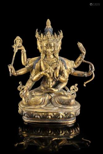 A gilt bronze figure of Ushnishavijiaya, seated on a double lotus baseNepal, 19th century(h. 22