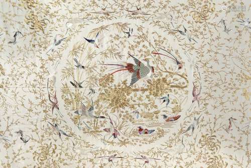 A white silk tapestry embroidered with polychrome and golden threads with couple of birds in flights