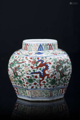 A wucai octagonal jar, with a Ming-style decoration, an apocryphal Wanli mark to the baseChina, 20th