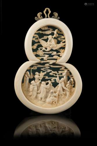 A carved double gourd ivory plaques decorated with Shoulao and the Eight Daoist ImmortalsChina, 19th