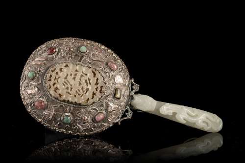 A silver mirror with insert hardstones and jade plaque, the celadon jade handle carved as a