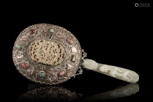 A silver mirror with insert hardstones and jade plaque, the celadon jade handle carved as a