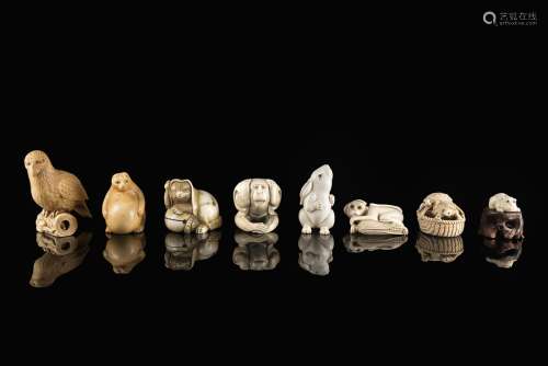 Eight ivory netsukes depicting animals, some with signaturesJapan, Meiji period (1868-1912)ITOtto