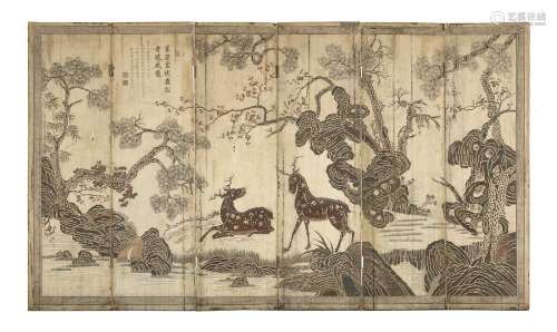 A six-fold screen decorated with deer and poetry on a white ground (defects)China, 19th century(