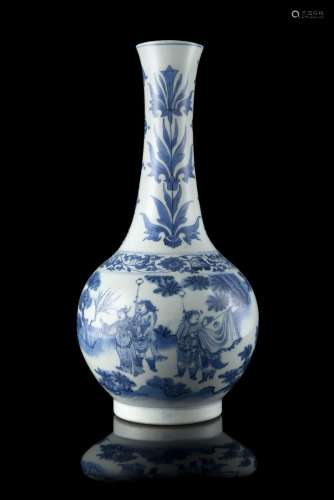 A blue and white bottle vase decorated in various tones of blue, the globular body with an