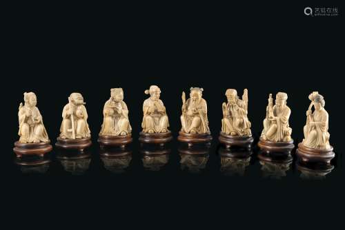 Eight ivory models of the Eight Daoist Immortals, wood bases (losses)China, early 20th century(h.