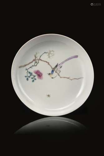 A Famille Rose ruby-back dish decorated with a bird perched on flowering branchChina, 20th century(