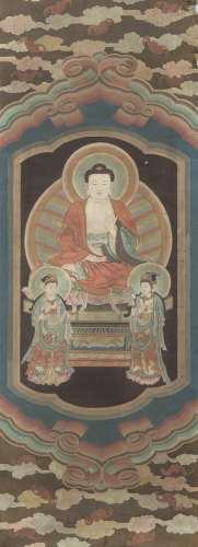 A painting depicting Buddha and two Guanyins, ink and colours on clothChina, 20th century(44.5x131.5