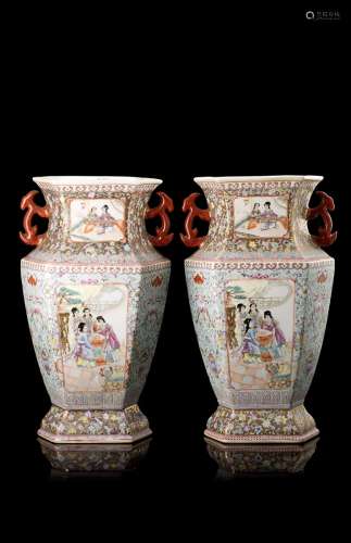 A pair of twin-handled porcelain vase with polychrome decoration on a gilt ground, apocryphal