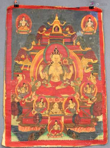 Buddha Thangka, sitting in front of the palace, China / Tibet old.