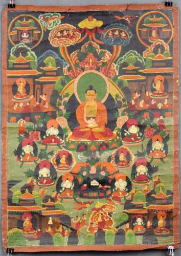 Buddha Thangka, probably representation of Ratnasambhava, China / Tibet old.