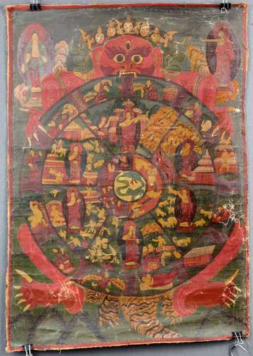 Bhavacakra Mandala, 6 Buddhas ?, Tangka, China / Tibet old.