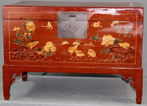 Chest, China, painted red. With butterflys and birds. Brass lock.