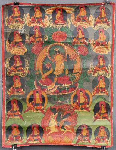 Tara sitting on lotus throne with accompanying guardian deities. Thangka.