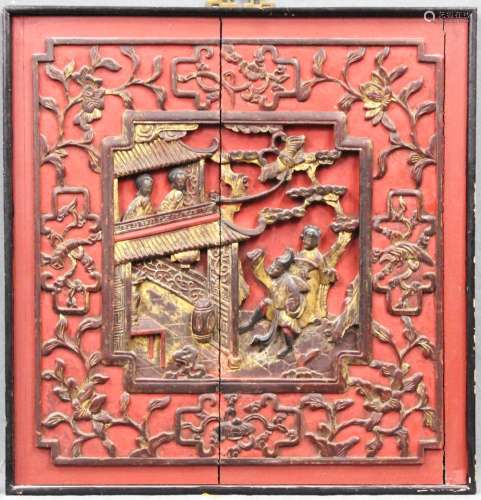 Wood panel. Carved. China. Courtly scene.