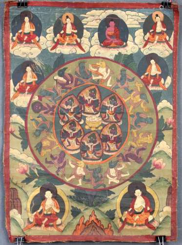 6 Initiation Gods Mandala, probably Guhyasamaja - Akshobhya? China / Tibet old.