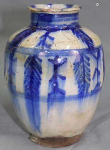 Stoneware vase. Blue - white - glaze. Floral decoration. China? Antique?