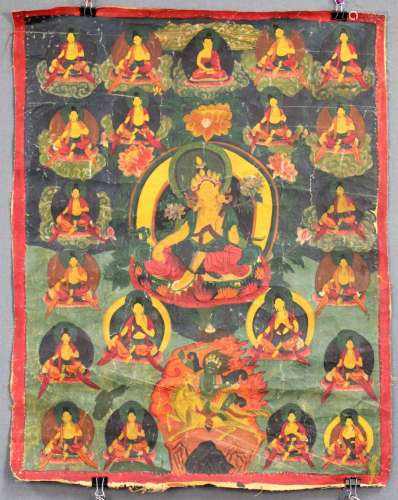 Tara ? In active pose on the lotus throne. Thangka, China / Tibet old.