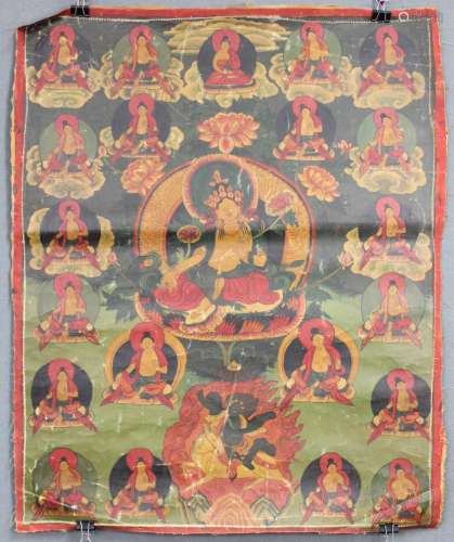 Thangka, China / Tibet old. Probably yellowgolden Tara on Throne of Flowers. 32/5000 Probably yellow Tara on lotus throne.