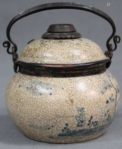 Craquelle porcelain. Brass / copper mounts. China? 6 - character mark.