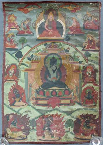Representation of the Maitreya Buddha ? With green Tare Thangka, China / Tibet old.