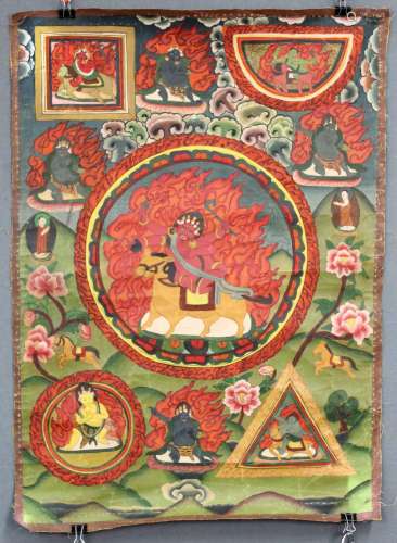 Mandala / Thangka, probably Dharmapala on Horse. China / Tibet old.