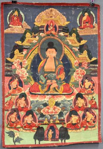 Thangka, China / Tibet old. Buddha sitting on lotus throne.