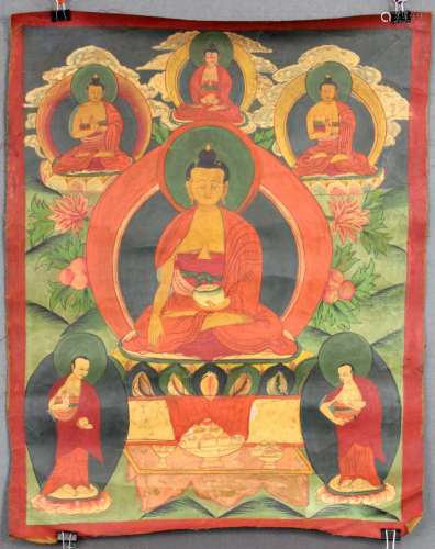 Buddha Shakyamuni sitting in Dhyanasana.Thangka, China / Tibet.
