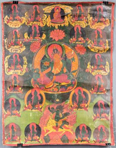 Tara on lotus throne. Thangka, China / Tibet old.