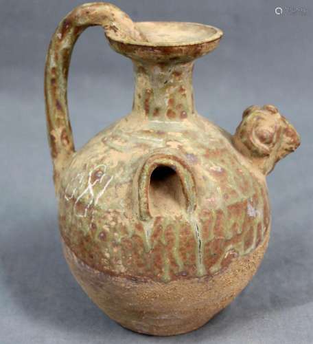 Stoneware pot with ram head as spout. China, antique.
