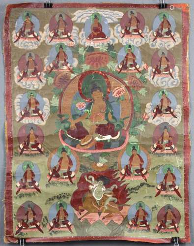 Green Tara on Lotus throne. Thangka, China / Tibet old.