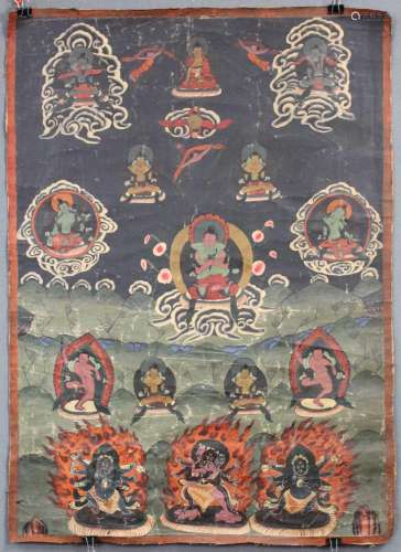 The red Buddha Amitabha ? With his partner Pandara.Thangka, China / Tibet old.