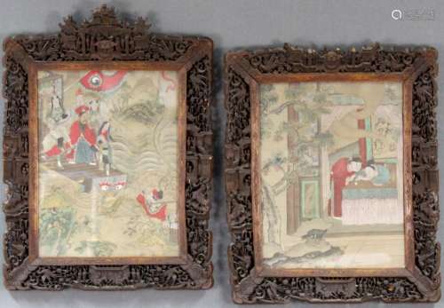 A pair of paintings probably on silk. Carved wooden frame.