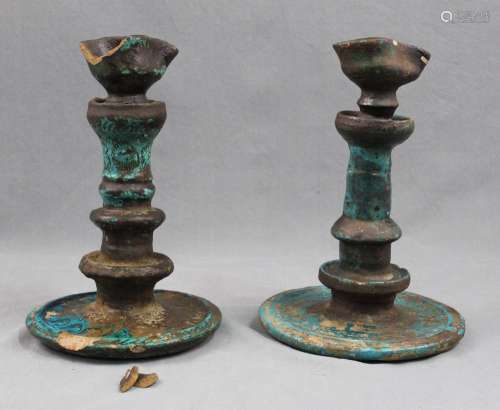 2 oil lamps with turquoise colored glaze. Earthenware. Central Asia. Antique. China?