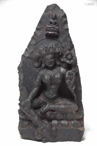 STONE STELE DEPICTING AVALOKITESVARAgrey Chlorid,India , Bihar ,Pala Dynasty 11th centuryH: 38