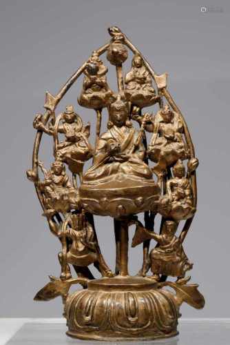 PADMASAMBHAVAbronze,Tibet, 18th centuryH: 18 cmPadmasambhava, sitting on a cushion, holding a