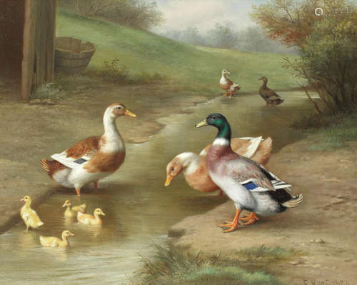 A family of ducks at the stream  Edgar Hunt(British, 1876-1953)