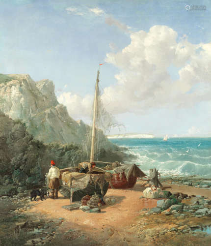 Fishermen drying their nets on the shore James Webb(British, 1825-1895)
