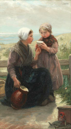 A drink in the dunes, Knitting by the shore; a pair Edith Hume(British, active 1862-1906)