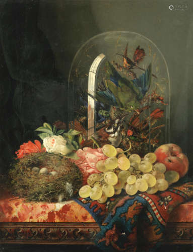 Still life of flowers and birds in a glass dome  Ellen Ladell(British, born circa 1853-)