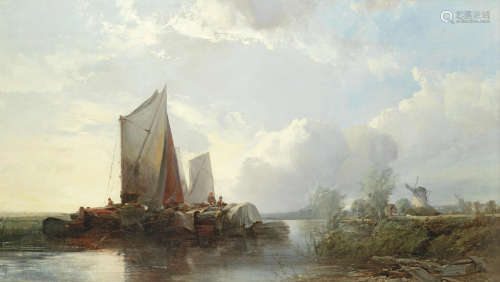 River scene with moored barges Henry Bright(British, 1810-1873)