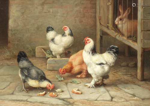 Chickens feeding with a rabbit looking on from a hutch  Edgar Hunt(British, 1876-1953)